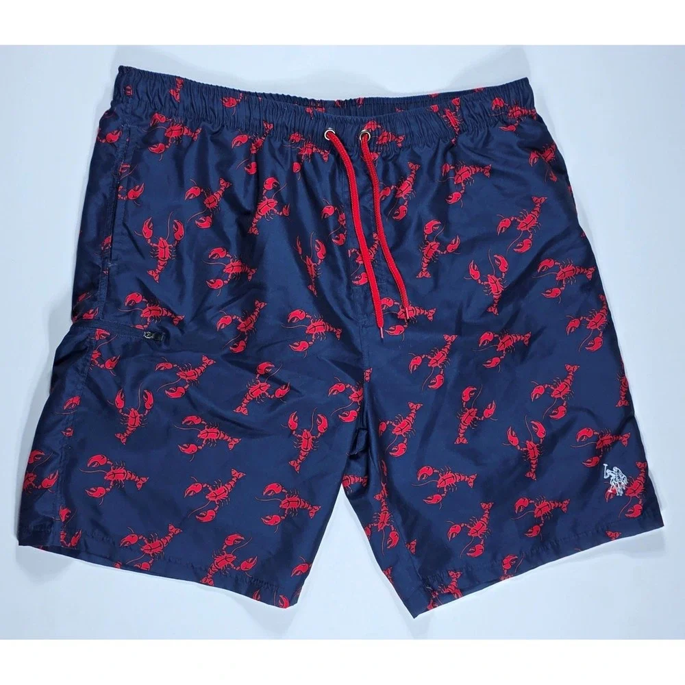 US Polo Assn Men's XXL Swim Trunks Navy Blue Red Lobster Print Board Shorts Mesh